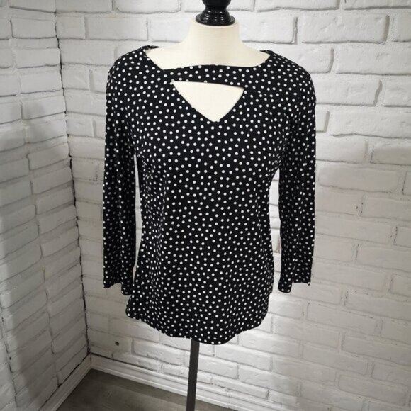 Anne Klein Ladies Size Medium Black White Polka Dot Vneck Top - Picture 1 of 6